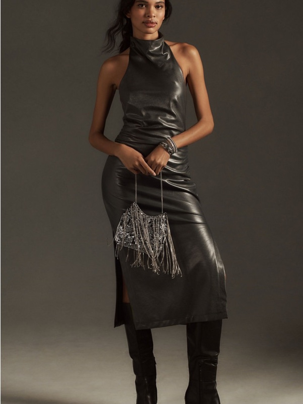 Anthropologie Maeve Grey Metallic Halter Dress Midi Size M